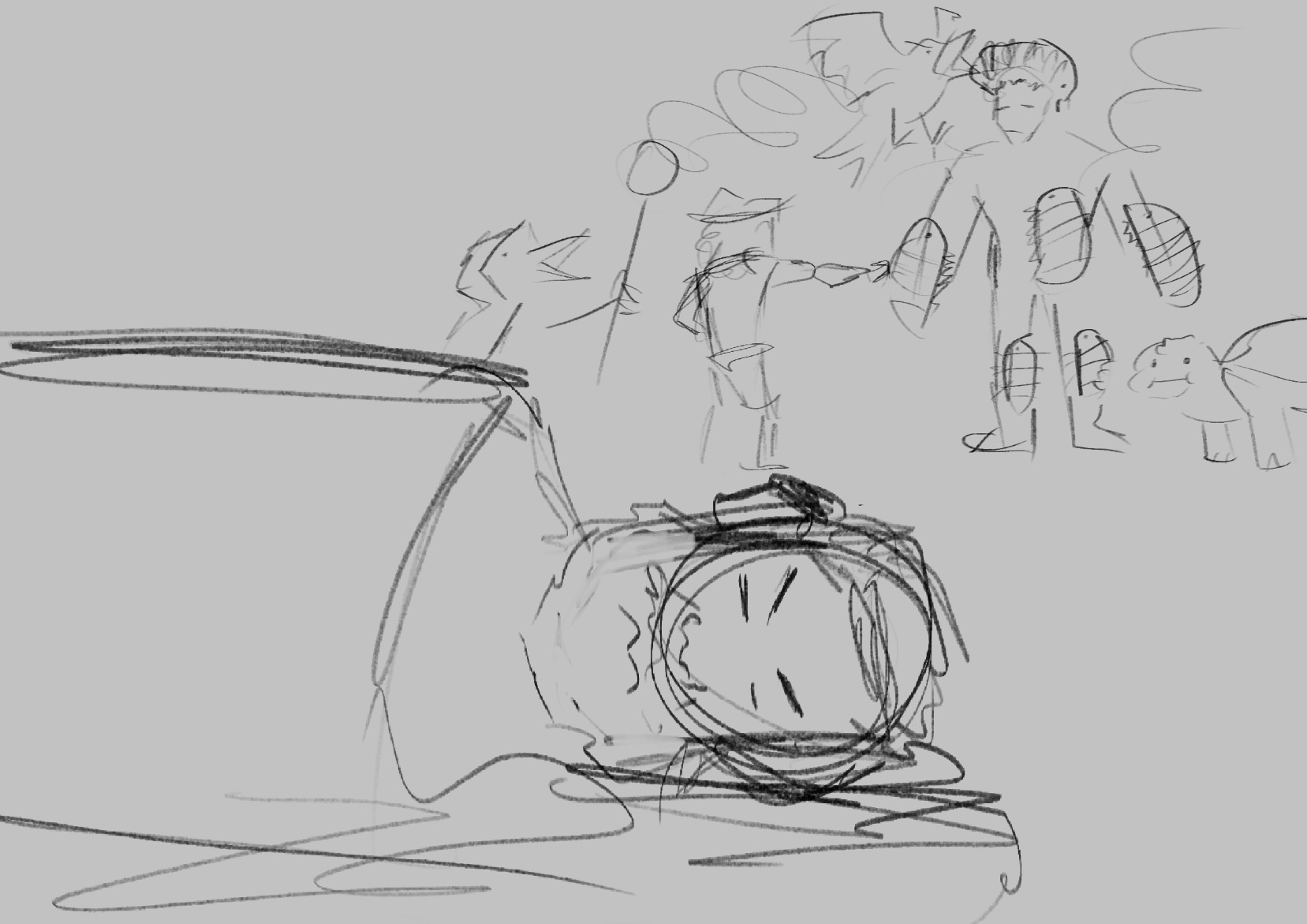 Sketch of the party fighting the large isopods.